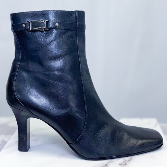 Wicked Style Bandolino Black Long Square Toe Boots Heeled Buckle Accent Shoe - Picture 1 of 12